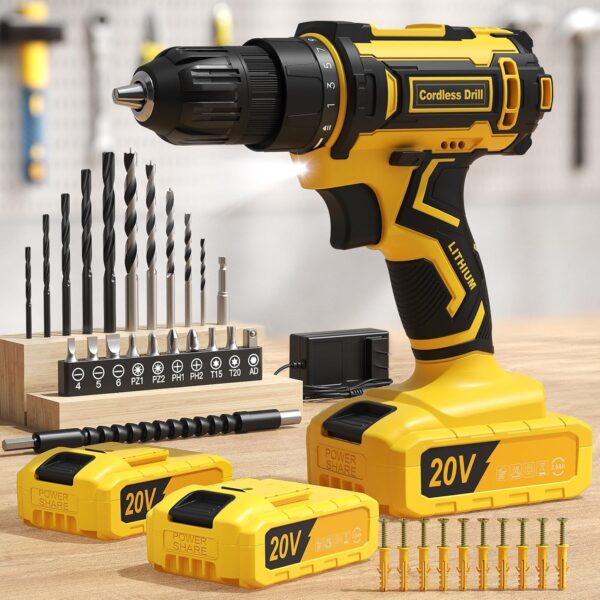 Cordless Drill, 20V Power Drill, Double 2000mAh Power Pack Electric Drills, Cordless Drills with Power Pack and Charger, 3/8″ Keyless Chuck Screwdriver with 25+1 Max 370 In-lb Torque, 42Pcs Bits