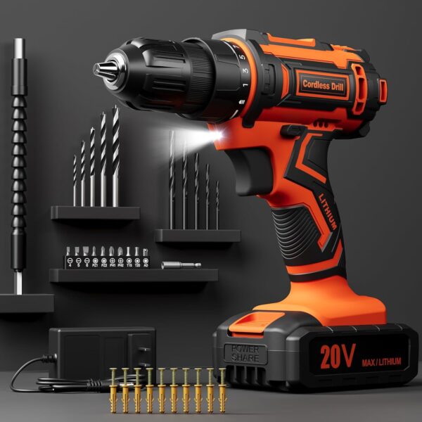 Cordless Drill Set, 20V Power Drill with Power Pack 2.0Ah and Charger, 3/8-Inch Keyless Chuck Electric drill, 25+1 Position, 42pcs Drilldriver Bits/Screws for DIY Projects (Orange)