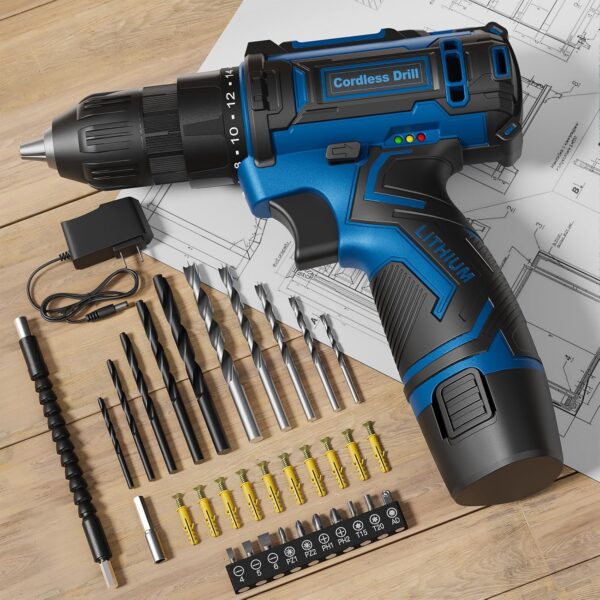 Cordless Drill Set,12V Power Drill Driver 3/8″ Keyless Chuck with 42 Acessories, Built-in LED Light, 25+1 Position, Electric Drill for Home DIY Projects（Blue）