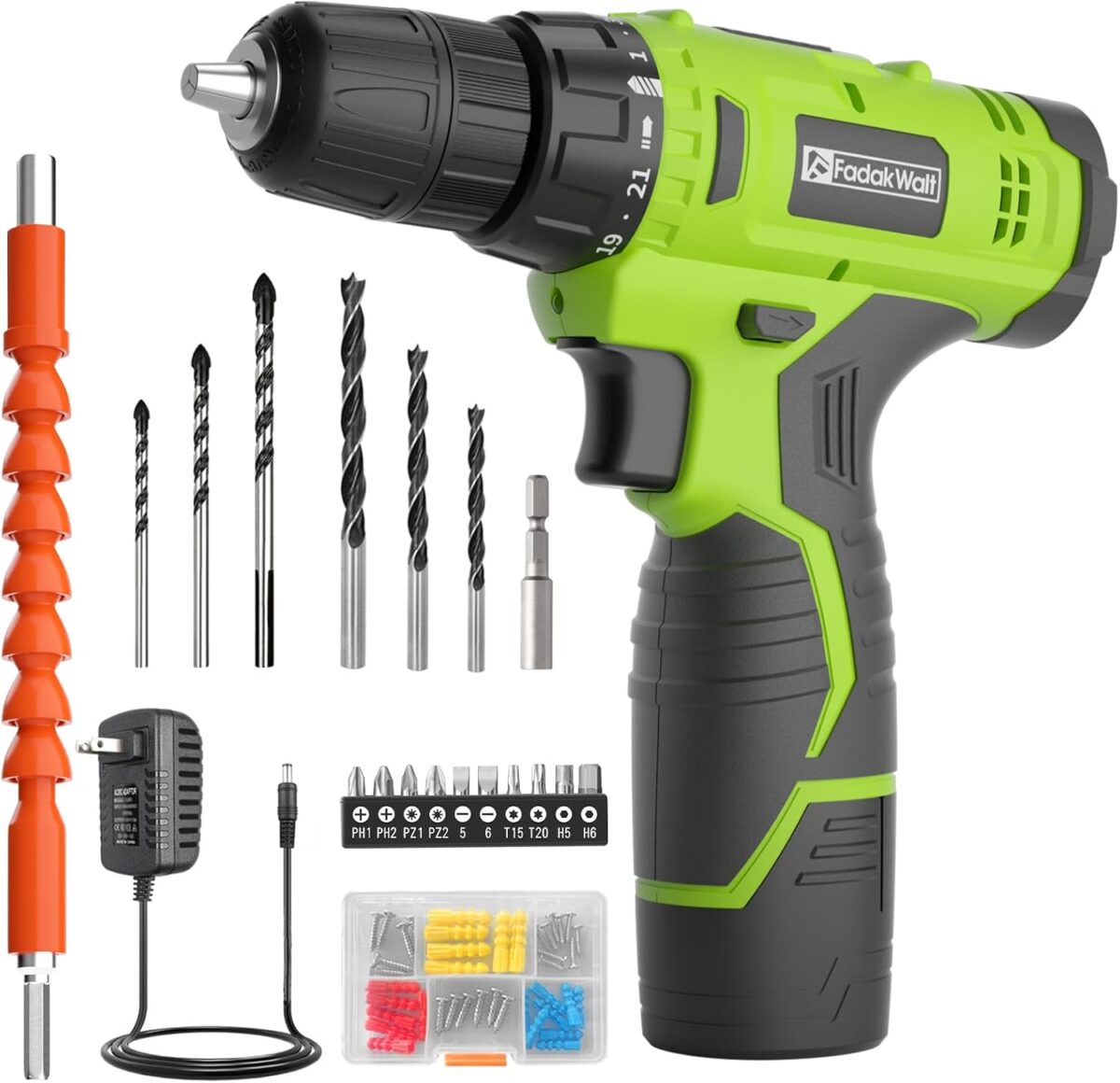 Cordless Drill Set,12V Power Drill Set with Battery and Charger, Electric Driver/Drill Bits, 3/8” Keyless Chuck,21+1 Torque Setting, 180 inch-lbs, with LED Electric Drill Set (Green)