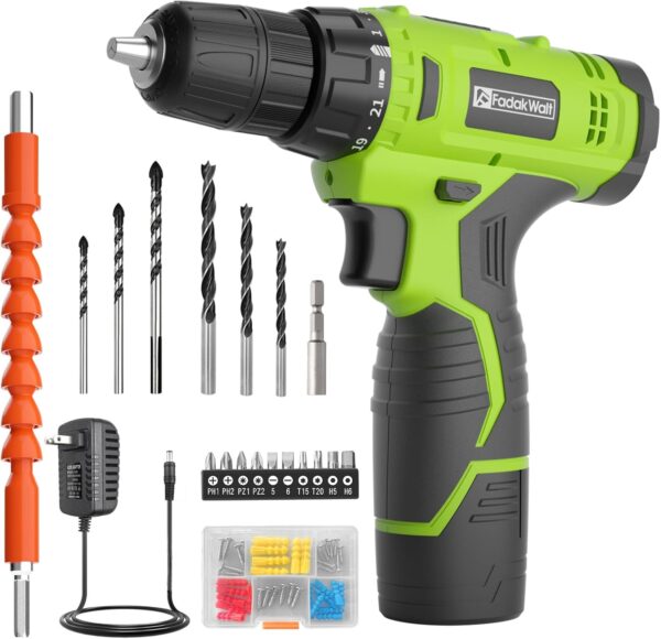 Cordless Drill Set,12V Power Drill Set with Battery and Charger, Electric Driver/Drill Bits, 3/8” Keyless Chuck,21+1 Torque Setting, 180 inch-lbs, with LED Electric Drill Set (Green)