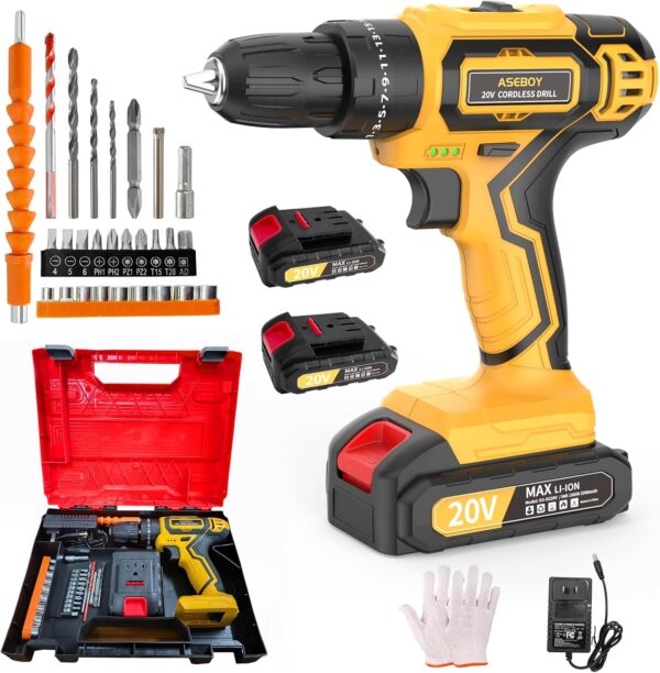 Cordless Drill with Battery and Charger, 20V Electric Power Drill with 3/8″ Keyless Chuck, 25+3 Torque Settings & Impact Mode for Drilling, Screwdriving, and Home Improvement(2 Batteries)