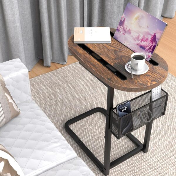 Couch Arm Table, Tv Tray Table Adjustable Height with Storage Baskets, C Table for Sofa with Tablet Dual Slot, for Sofa, Bedside, TV Watching, Meals, Snacks, and Laptop Use