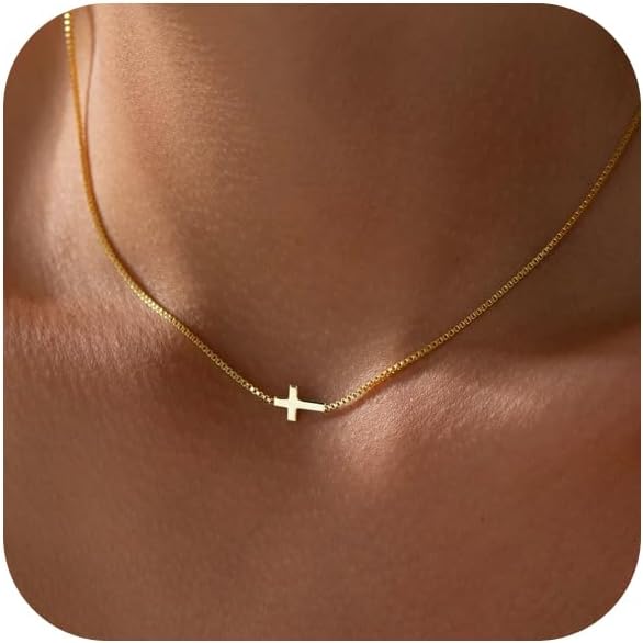 Cross Necklace for Women 14K Real Gold Silver Plated Dainty Small Cross Pendant Choker Simple Trendy Cute Cross Charm Chain Necklace Easter Basket Stuffers Baptism Religious Faith Jewelry Gift