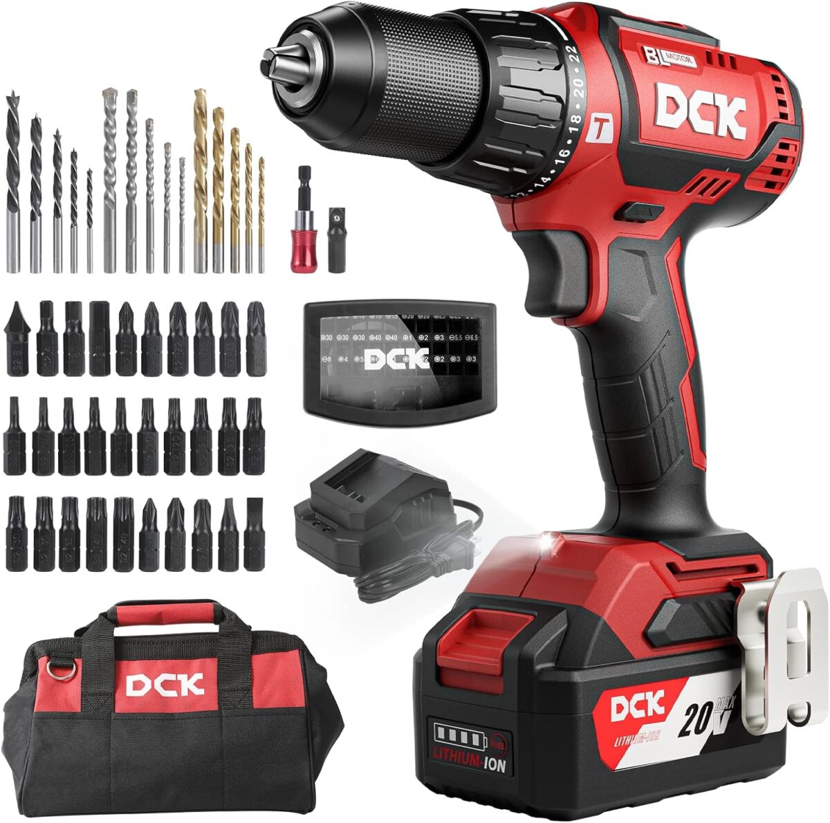 DCK 20V Brushless Hammer Drill, 531 in.lbs, 36000 BPM, 1/2″ Keyless All-Metal Chuck, 4.0Ah Battery, 22+1+1 Clutch, Impact Drill Kit for Drilling Brick Wall, Metal, Wood, KDJZ05-13