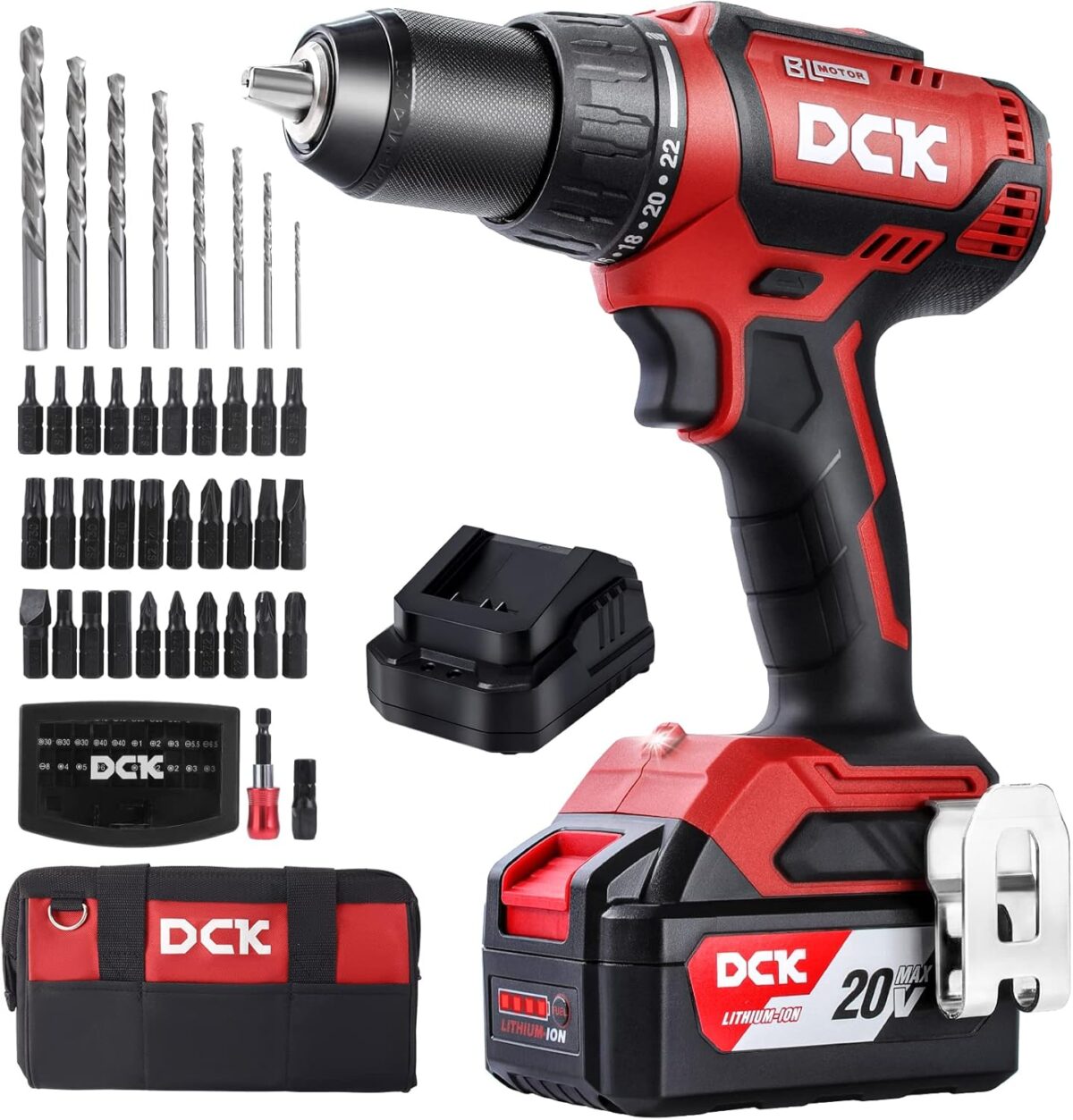 DCK Brushless Cordless Drill Set, 20V Max Electric Drill with 4.0Ah Battery 531in.lbs, 1/2Inch Keyless All-Metal Chuck, 2 Variable Speeds, Power Drill Kit for Screw Wood/Ceramic/Tile/Steel KDJZ04-13