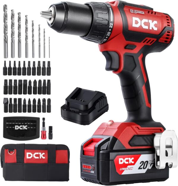 DCK Brushless Cordless Drill Set, 20V Max Electric Drill with 4.0Ah Battery 531in.lbs, 1/2Inch Keyless All-Metal Chuck, 2 Variable Speeds, Power Drill Kit for Screw Wood/Ceramic/Tile/Steel KDJZ04-13