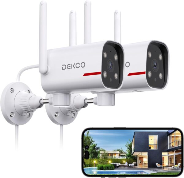 DEKCO 2 Pack Outdoor Security Camera with 2K Color Night Vision, Pan Rotating 180° Wired WiFi Camera Support 24/7 Recording, 2.4&5G WiFi, AI Human Auto Tracking, Work with Alexa/Google Assistant