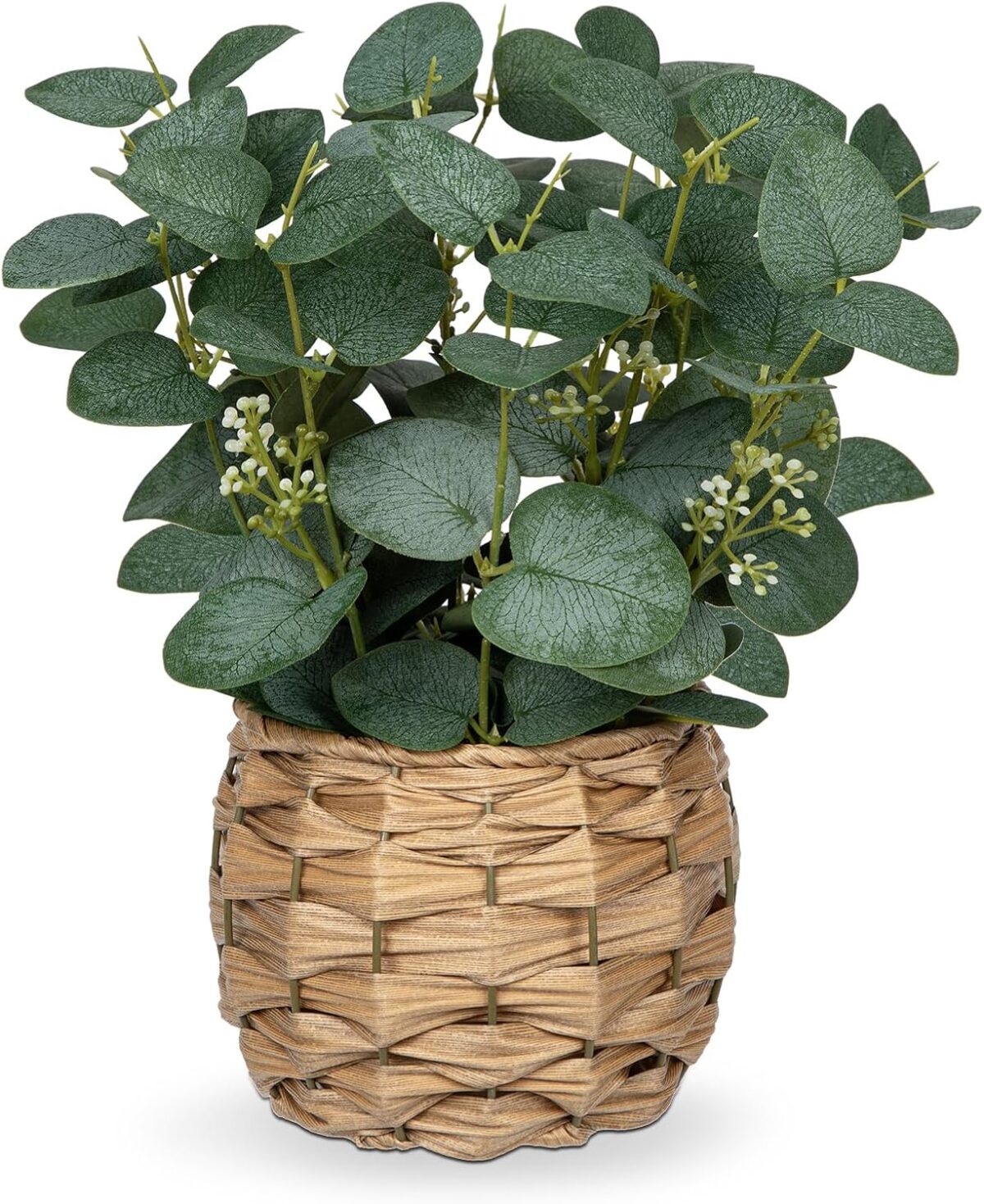 DILATATA Artificial Eucalyptus Stems in Woven Basket Planter, 11″ Fake Plant Eucalyptus Leaves with White Seeds Faux Potted Plant Greenery for Table Centerpiece Office Indoor Home Decor