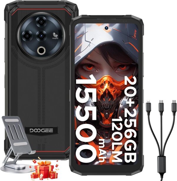 DOOGEE Fire 6 Power(2025) Rugged Smartphone,15500mAh/33W Fast,120LM Flashlight Rugged Phone, 256GB/TF 2TB,50MP,Android 14 Unlocked Phone with 3-in-1 Reverse Charging,6.56″ HD+90Hz Phones,NFC/OTG