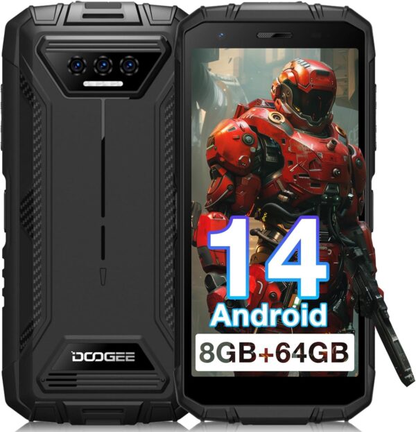 DOOGEE S41T Rugged Smartphone,Android 14 6300mAh Battery,8GB+64GB,4G Dual Sim Rugged Smartphone,13MP Camera,IP68 Waterproof Cell Phone,Face Unlock,NFC/T-Mobile