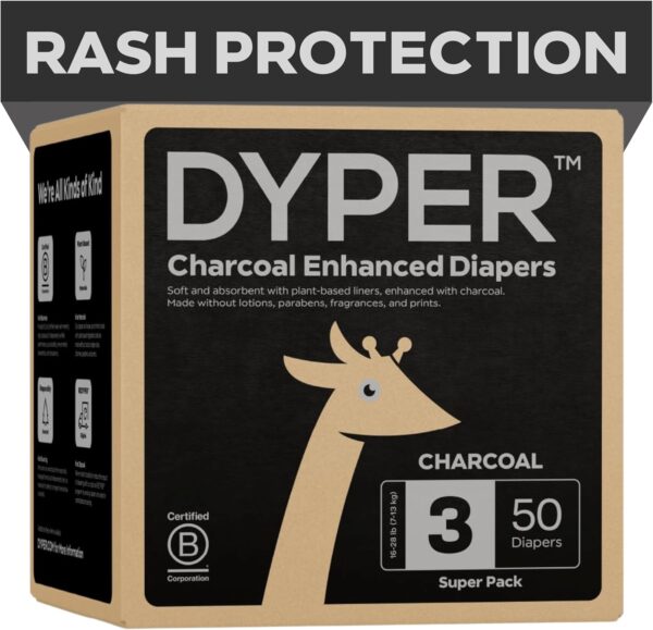 DYPER Charcoal Enhanced Diapers | Baby Diapers from Plant-Based* & Honest Materials | Day & Overnight Diapers | Disposable Diapers for Sensitive Skin (Size 3, 50, Count)