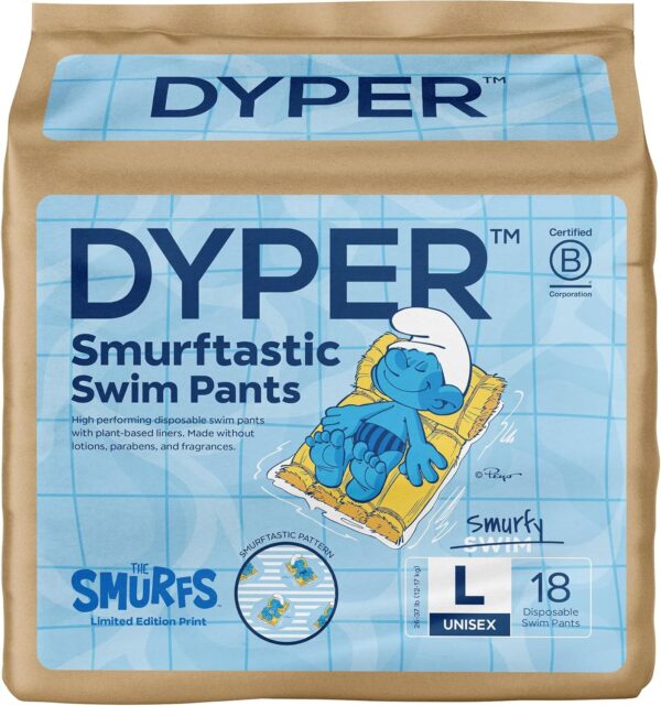 DYPER – Smurftastic Swim Pants – Affordable Diapers, Hypoallergenic, Plant-Based, Absorbent & Quick-Drying, Eco-Friendly, Fun Prints – Size L, 26-37 lbs (19 Count)