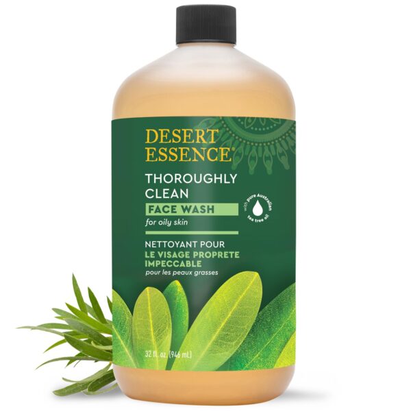Desert Essence Thoroughly Clean Face Wash with Tea Tree Oil, Castile Soap and Coconut Oil – Organic Facial Cleanser for Sensitive and Oily Skin, Vegan & Cruelty-Free, 32 fl oz