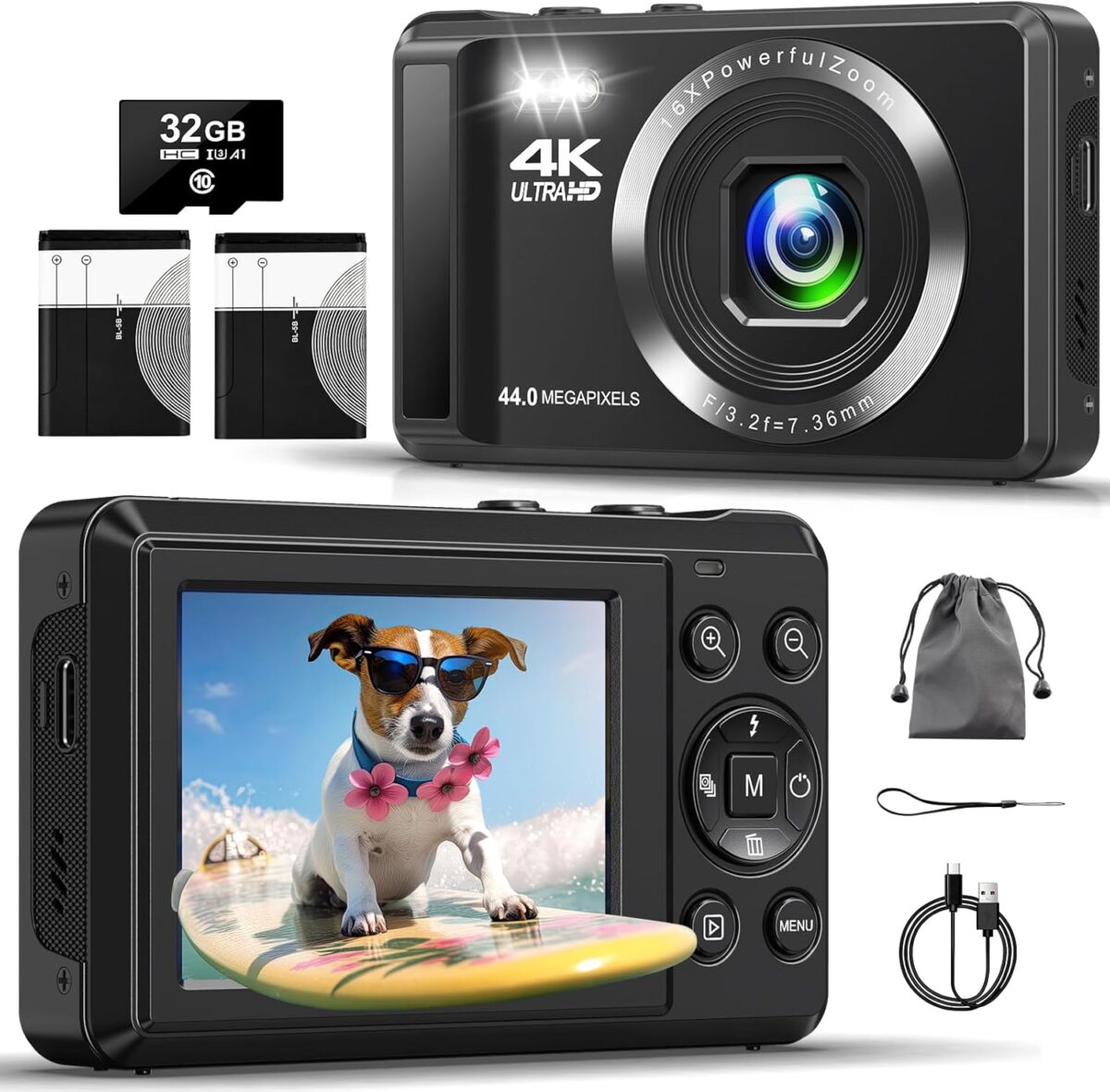 Digital Camera – 4K 44MP UHD Digital Cameras for Photography – Autofocus Point and Shoot Vlogging Camera with 16X Zoom, 32GB SD Card, 2 Batteries – Compact Small Cameras for Kids Teens Boys Girls