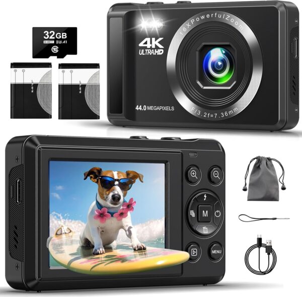 Digital Camera – 4K 44MP UHD Digital Cameras for Photography – Autofocus Point and Shoot Vlogging Camera with 16X Zoom, 32GB SD Card, 2 Batteries – Compact Small Cameras for Kids Teens Boys Girls