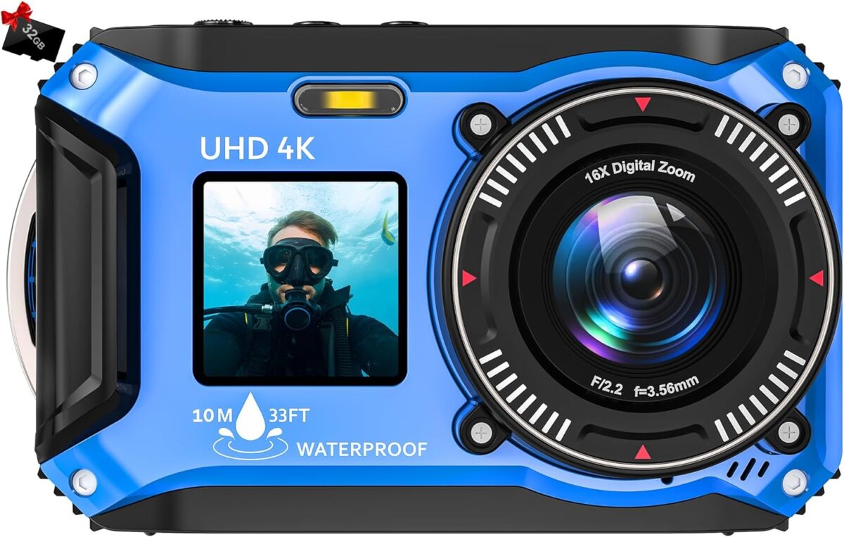 Digital Camera – 4K 56MP 33FT UHD Underwater Camera for Snorkeling with 32GB Card Dual-Screen Compact Waterproof Dustproof Floatable Camera – Autofocus Point and Shoot Digital Camera 1500mAh Battery