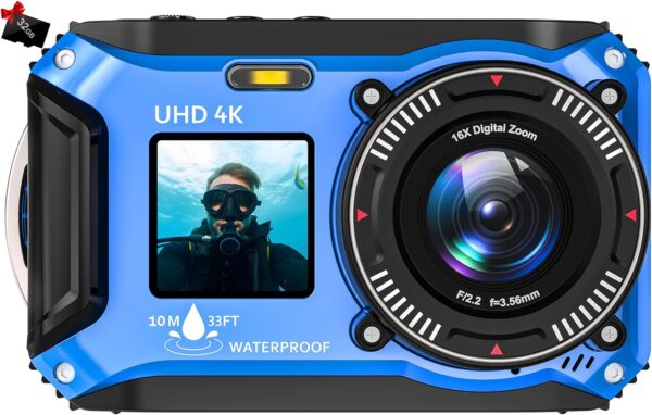Digital Camera – 4K 56MP 33FT UHD Underwater Camera for Snorkeling with 32GB Card Dual-Screen Compact Waterproof Dustproof Floatable Camera – Autofocus Point and Shoot Digital Camera 1500mAh Battery