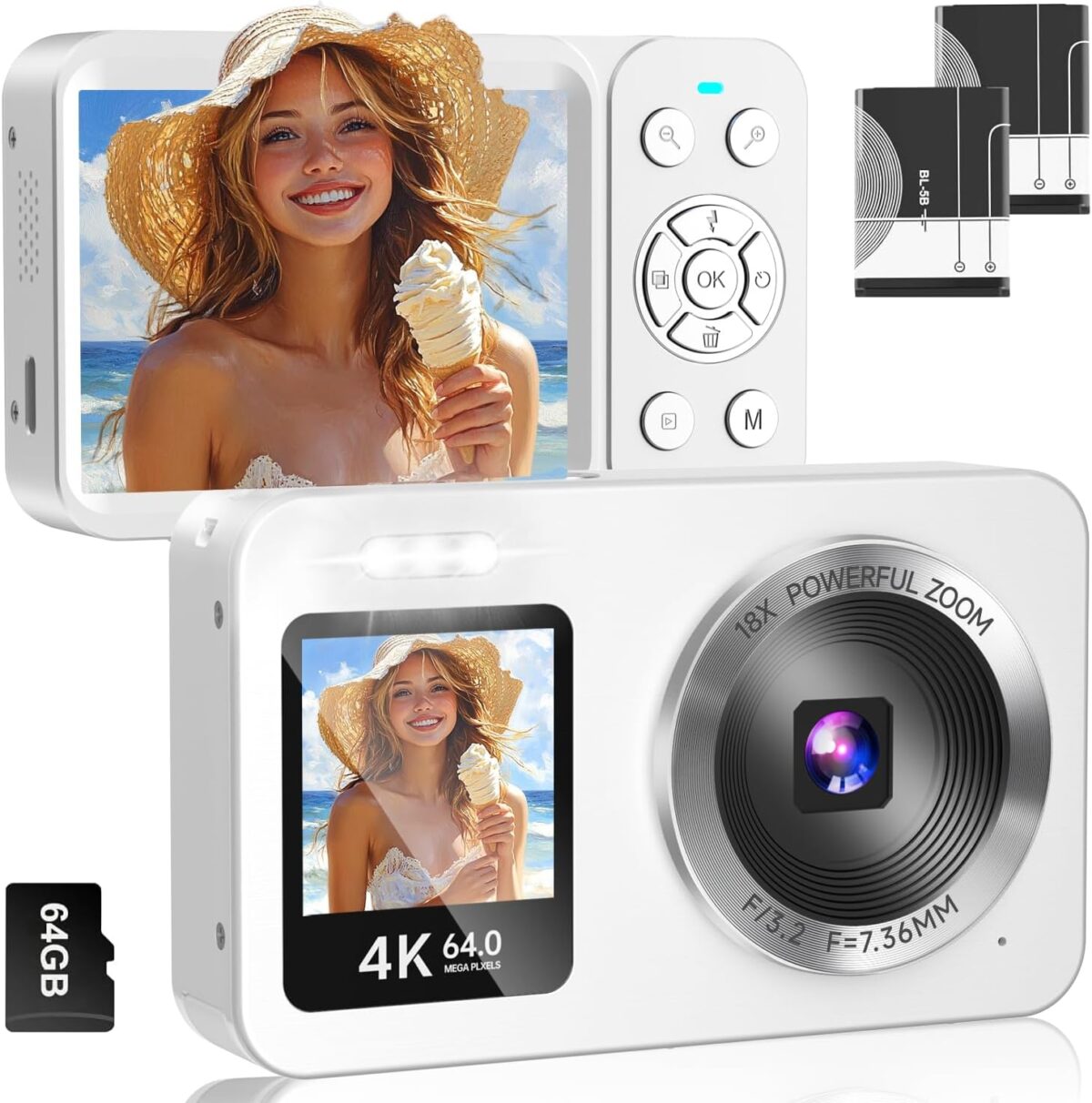 Digital Camera, 4K 64MP UHD Dual Screens Camera, 18X Zoom, Portable Small Point and Shoot Digital Cameras with 64GB TF Card, 2 Rechargeable Batteries for Kids, Teens, Adult, Selfies, Gifts- White
