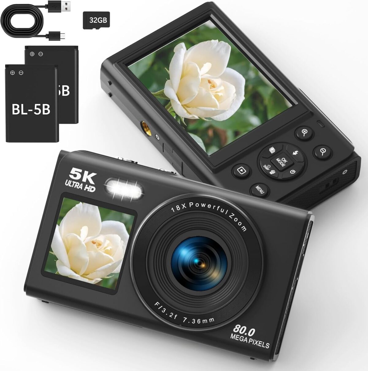 Digital Camera, 5K 80MP Dual Screens Camera with 18X Digital Zoom, Compact Vlogging Camera for Teens with 32GB Card and 2 Batteries, Stylish Beginner Camera for Youth and Gift, Black