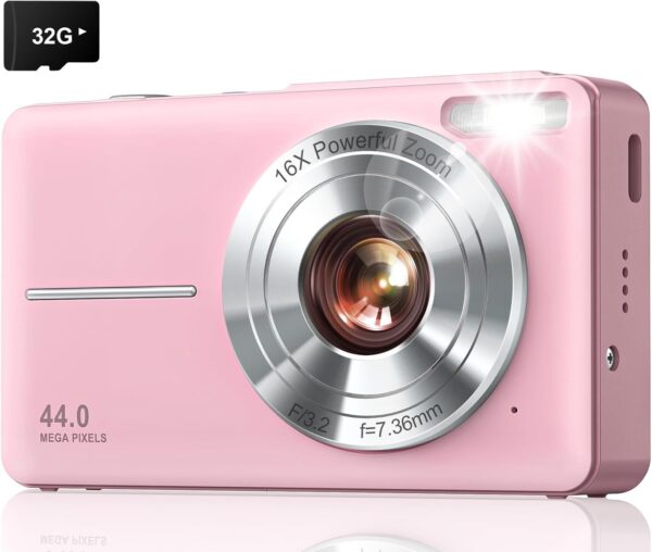Digital Camera, FHD 1080P Kids Camera Point and Shoot Digital Camera with 16X Zoom Anti Shake Date Stamp, 32GB Card, Vintage Compact Small Camera for Boy Girl Teens Student Kids(Pink)