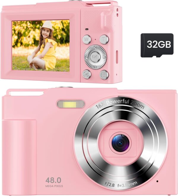 Digital Camera for Kids: Pink Camera for Teens – Christmas Birthday Gifts for Girls 8-10 – 16X Zoom Shoot Camera for Ages 8-13 – Compact Camera for 6 7 8 9 10 Years Old- Toys for Kid Children Toddler
