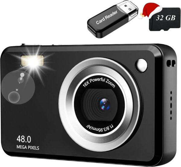 Digital Camera with 32GB Card, Lanyard, 16X Zoom Anti Shake, 48MP Compact Portable Small Point Shoot Camera, Gift for Student Children Teen
