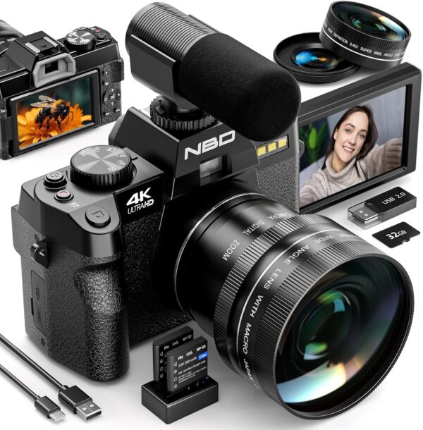 Digital Cameras for Photography,4K Vlogging Cameras for YouTube,Travel Point and Shoot Digital Cameras Fotograficas with 180°Flip Screen,16X Digital Zoom,52mm Macro Lens,2 Batteries（Black）