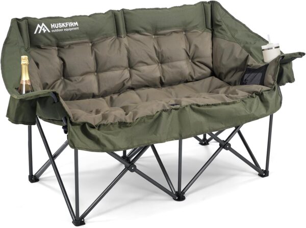 Double Camping Chairs Padded Loveseat Chair for 2 Person – Heavy Duty Oversized Camping Couch for Adults Outdoor Lawn Beach – Portable Folding Sofa with Cup Holders and Carry Bag, Green