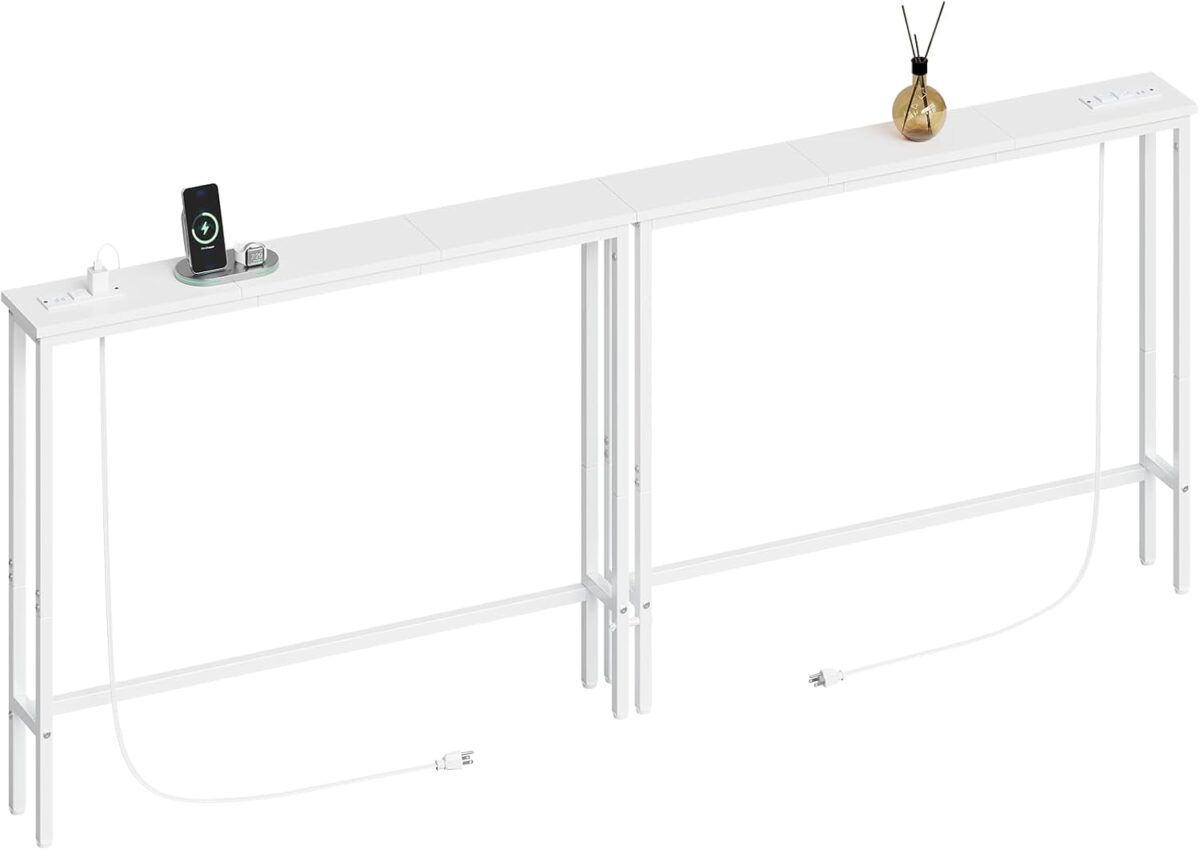 ELYKEN 2 Pack 5.9″ Narrow Console Sofa Table with Power Outlets, Total 78.8” Long Behind Couch Table with Charge Station and 5.9’ Extension Cord for Living Room, 5.9″ D x 78.8”W x 29.5”H, White