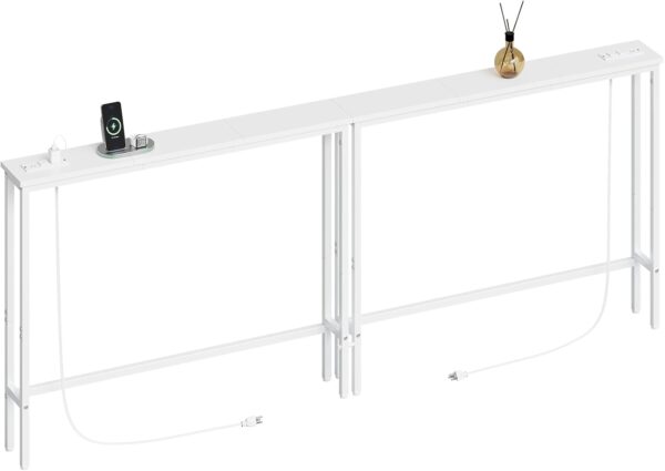 ELYKEN 2 Pack 5.9″ Narrow Console Sofa Table with Power Outlets, Total 78.8” Long Behind Couch Table with Charge Station and 5.9’ Extension Cord for Living Room, 5.9″ D x 78.8”W x 29.5”H, White