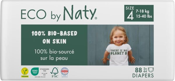 Eco by Naty Eco-Friendly Baby Diapers – 100% Plant-Based Materials on Skin, Soft, for Sensitive Skin & Super Absorbent (Size 4, 88 Count)