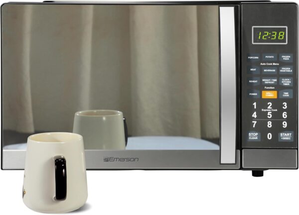 Emerson MWG1191SB Countertop Microwave Oven with 1100W Grill Function, Sleek Mirrored Finish 10 Power Levels, 6 Auto Menus, Glass Turntable and Child Safe Lock, 1.1 Cu. Ft, Stainless Steel