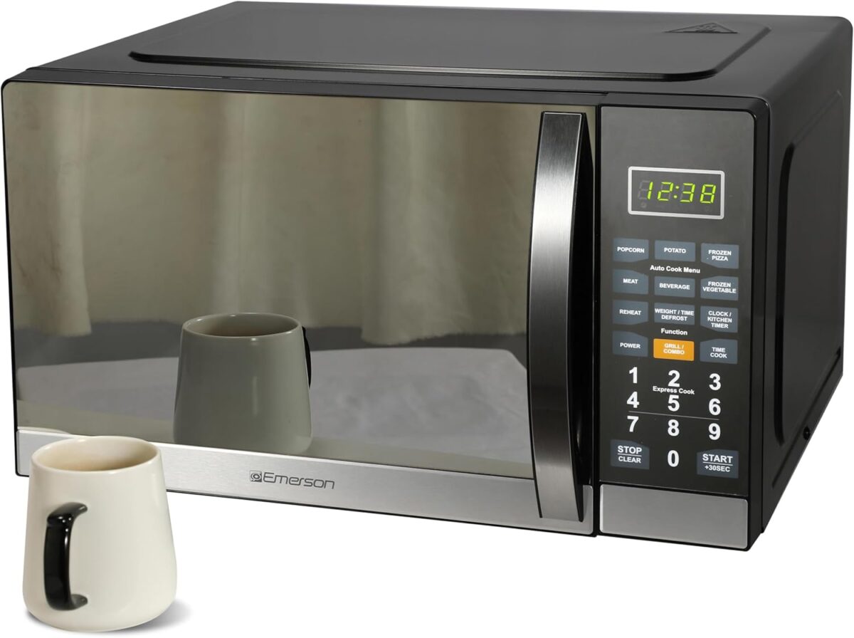 Emerson MWG1191SB Countertop Microwave Oven with 1100W Grill Function Sleek Mirrored Finish 10 Power Levels 6 Auto Menus Glass Turntable and Child Safe Lock 1.1 Cu. Ft Stainless Steel Emerson MWG1191SB Countertop Microwave Oven with 1100W Grill Function, Sleek Mirrored Finish 10 Power Levels, 6 Auto Menus, Glass Turntable and Child Safe Lock, 1.1 Cu. Ft, Stainless Steel