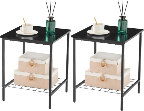 End Table with Shelves 16 Inch Square 2-Tier Coffee Tea Wooden End Table Nightstand for Sofa Couch Bed Industrial Style Beside Table for Living Room Bedroom Black 2PCS