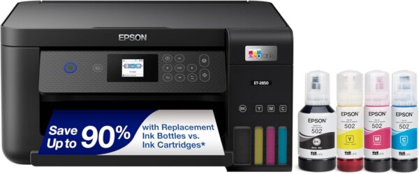 Epson EcoTank ET-2850 Wireless Color All-in-One Cartridge-Free Supertank Printer with Scan, Copy and Auto 2-Sided Printing – Black, Medium