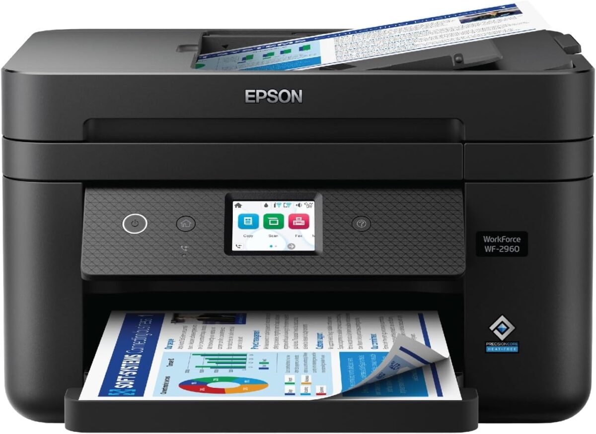 Epson Workforce WF-2960 Wireless All-in-One Printer with Scan, Copy, Fax, Auto Document Feeder, Automatic 2-Sided Printing, 2.4″ Touchscreen Display, 150-Sheet Paper Tray and Ethernet,Black