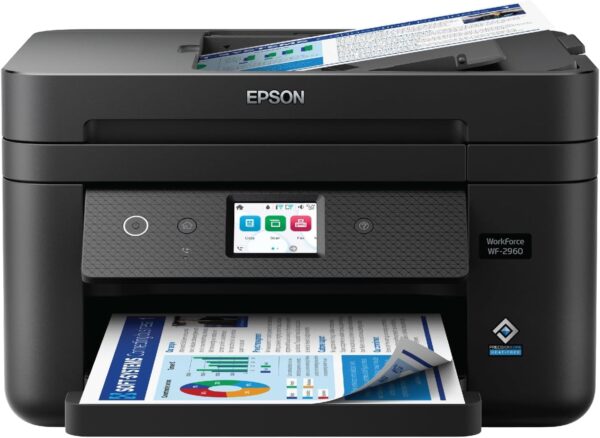 Epson Workforce WF-2960 Wireless All-in-One Printer with Scan, Copy, Fax, Auto Document Feeder, Automatic 2-Sided Printing, 2.4″ Touchscreen Display, 150-Sheet Paper Tray and Ethernet,Black