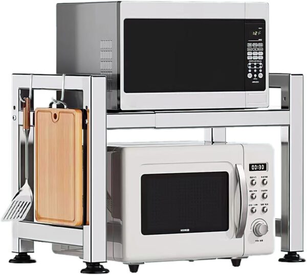 Extendable Microwave Oven Rack, Microwave Shelf Adjustable Over Microwave Stand Countertop 2-Tier Stainless Steel Organizing Rack with 4 Hooks for Kitchen Utensils Tableware Storage