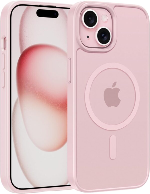 FNTCASE for iPhone 15 Case: for iPhone 14 & iPhone 13 Case | Magnetic Frosted Translucent Slim Shockproof Cell Phone Cover | Military Grade Protection Drop Proof Tough Protective Cases – Pink