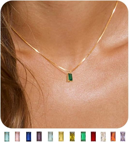 FUNEIA Diamond Necklaces for Women 14K Gold Plated Emerald Birthstone Necklace for Women Mothers Dainty Gold Necklace Blue Green Cubic Zirconia Pendant Necklace Birthday Gifts for Women Jewelry