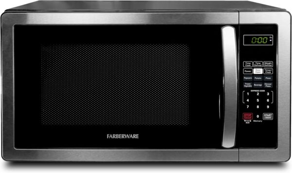 Farberware FMO11AHTBKBD1 Countertop 1000 Watts Microwave Oven with LED Lighting and Child Lock-Perfect for Apartments and Dorms-Easy Clean, 1.1 Cu. Ft, Stainless Steel
