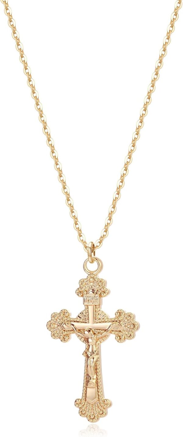 Fettero Cross Necklace Faith Pendant 14K Plated Dainty Chain Minimalist Simple Tiny God Lords Prayer Religious Jewelry