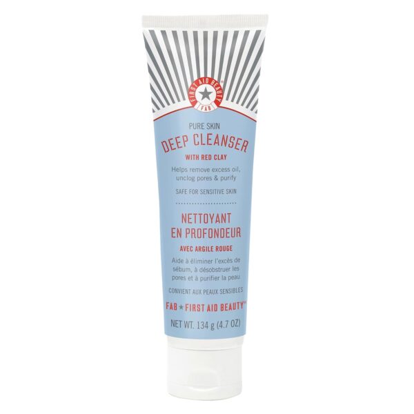 First Aid Beauty – Pure Skin Deep Cleanser with Red Clay, Deep Cleansing Face Wash with Antioxidant Booster for Oily and Blemish-Prone Skin, Reduce Oil & Unclog Pores, Safe for Sensitive Skin, 4.7 oz
