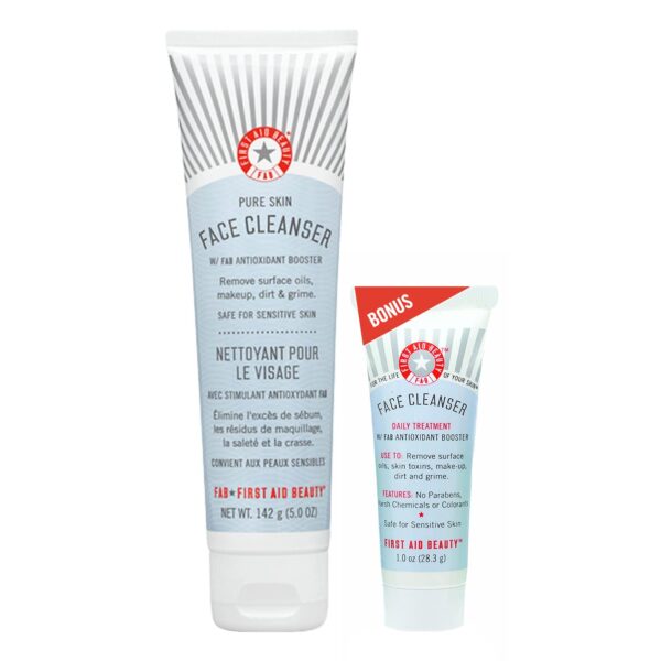 First Aid Beauty – Pure Skin Face Cleanser, Effectively Removes Makeup, Dirt, & Impurities, Gentle Cleanser Leaves Skin Soft & Supple, Safe for Sensitive Skin, Fragrance Free, 5 oz + Travel Size, 2ct