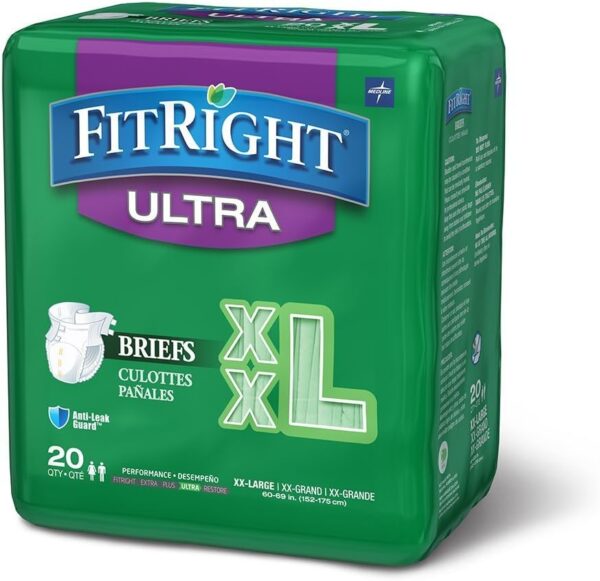 FitRight Ultra Adult Diapers, Disposable Incontinence Briefs, Leak-Proof Diaper, Absorbent Briefs For Men and Women, Maximum Protection, 2XL, 60 – 70 in, 20 briefs per bag, 80 briefs per case