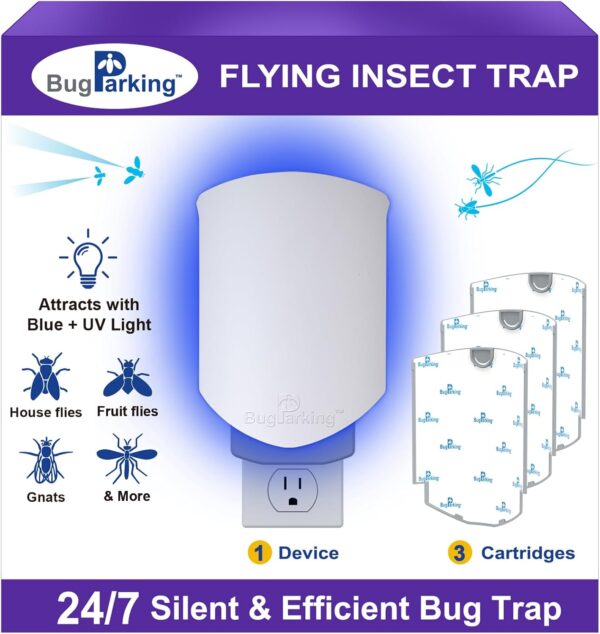 Flying Insect Trap for Indoors: Light Trap Captures Fruit Flies, Gnats, and Houseflies, Silent Bug Catcher with UV Light for Indoor-Plants, Kitchen, BUG PARKING 1 Plug-in Device + 3 Cartridge Refills