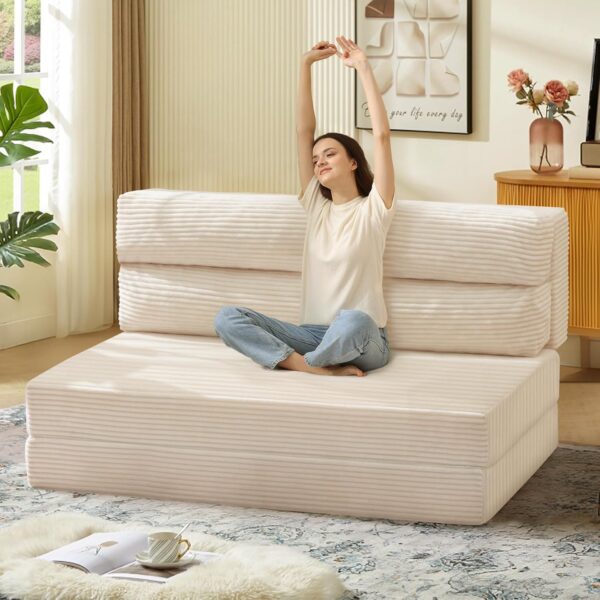 Folding Sofa Bed, Convertible Sleeper Chair with Pilow Foldable Matress, 2 in 1 Pull Out Loveseat Sofa Portable Fold Out Chair Bed Comfy Floor Couch Lounge for Living Room Bedroom, Beige,Full