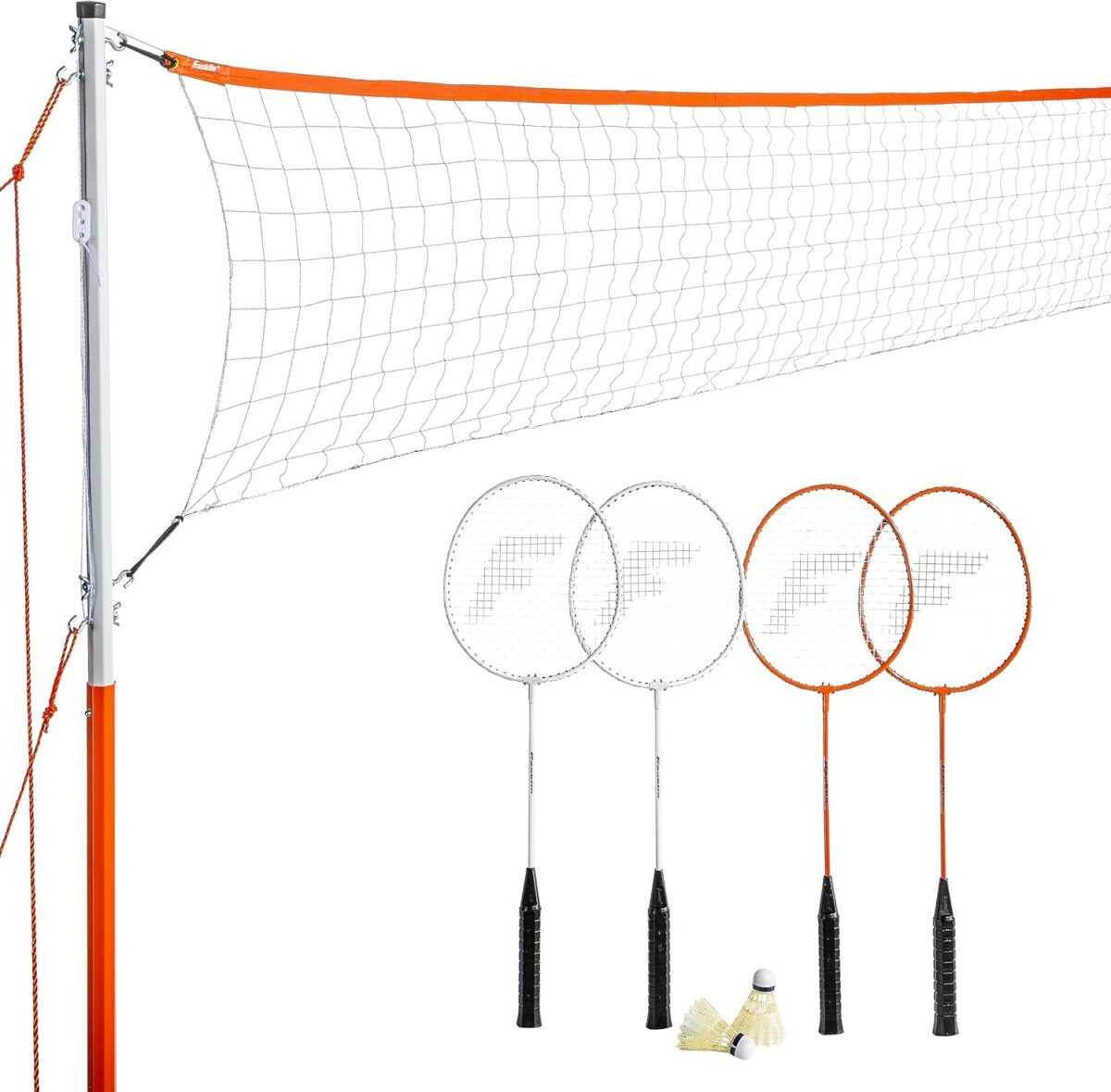 Franklin Sports Badminton Net Sets – Outdoor Backyard + Beach Badminton Net + Equipment Set – (4) Rackets + (2) Birdies + Portable Net Included – Adults + Kids Set