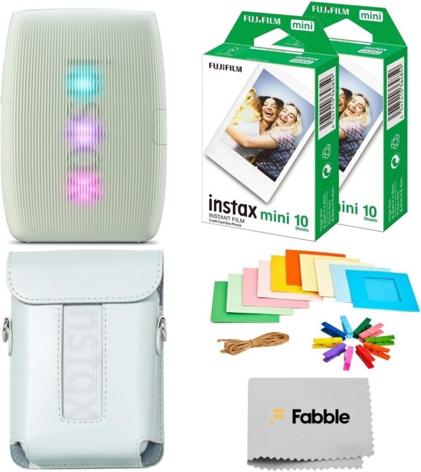 Fujifilm Instax Mini Link 3 Smartphone Printer – Sage Green Bundle with a Protective Case, Twin Pack Instant Film (20 Sheets), Hanging Photo Frames, and Premium Microfiber Cleaning Cloth